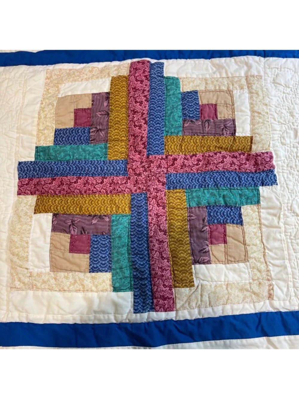 Vintage Handmade Quilted Log Cabin Star Pillow Sham Multicolored Multi Print